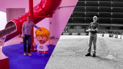 Two images side-by-side. On the right is a white mail college student posing next to a red tunnel slide and a large lego figurine. The other side is a black-and-white photo of the same male in a hard hat and jeans posing in front of a nuclear power plant.