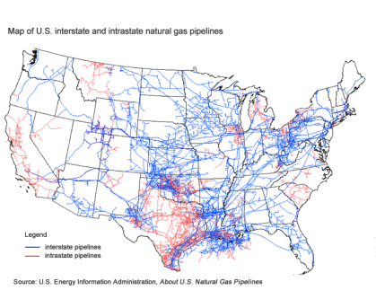 Map of natural gas pipelines in the contiguous U.S.