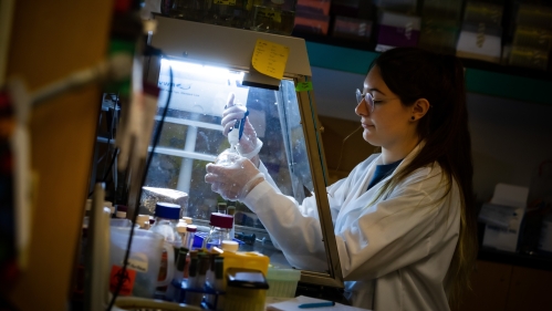 female student wearing eyeglasses in a white lab coat working with pipette