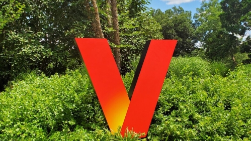 Verizon V among greenery and shrubs under a blue sky