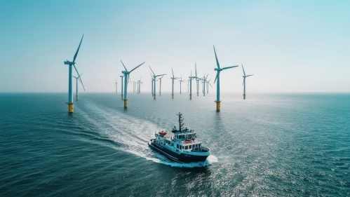 A boat navigates through an offshore wind farm with turbines in the background.