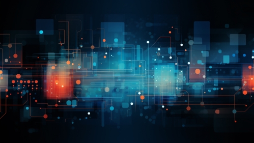 Abstract components in blue and orange against a black background.