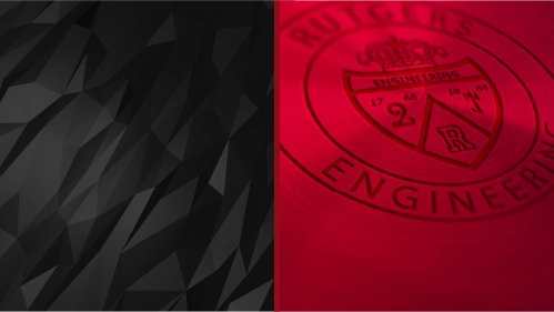 Split image with black abstract on left and red Rutgers Engineering medal on right.