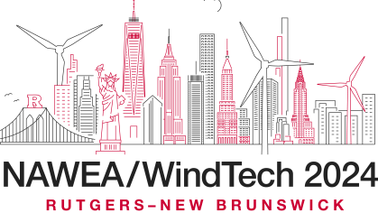 Graphic of city skyline with wind turbines and text NAWEA/WindTech 2024 Rutgers-New Brunswick