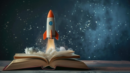 Rocket launched from center pages of open book.