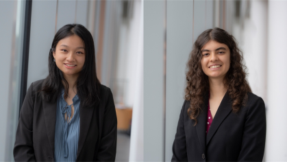 Side by side headshots of two women. The woman on the left has dark brown wavy hair and is wearing a dark suit and blouse. The woman on the right has black hair is wearing a dark suit and blue blouse.