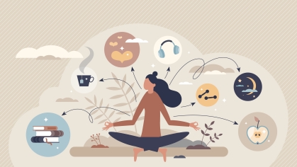 Illustration in muted tones of beige, blue and yellow of woman meditating with images around her of books, food, headphones and other symbols of healthy living.