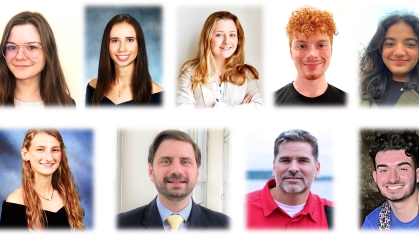 A collective photo that includes headshots of seven students and two faculty advisors associated with a student organization.