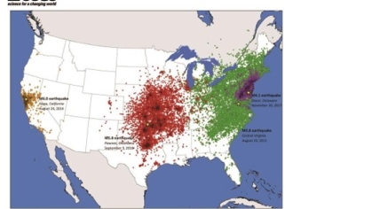 Map of the United States with green and red areas indicating earthquake impact in the Northeast and Mid Atlantic.