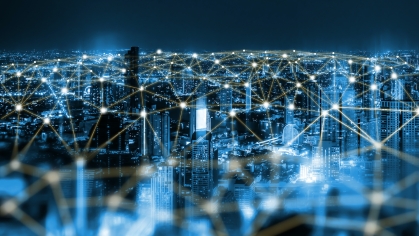 Smart city and abstract blue overlay.