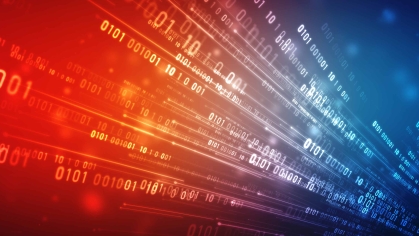 Background that changes from red (left) to blue (right) with streams of digital symbols emanating from bottom right to upper left.