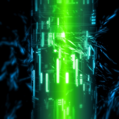 Abstract image green light with blue sparks emanating.