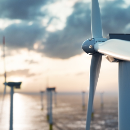 Offshore wind power and energy farm with many wind turbines on the ocean