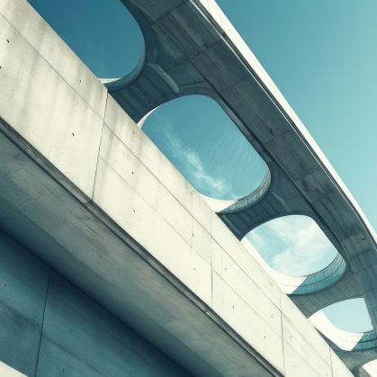 A view from underneath a bridge, showing its arch and the clear blue sky above