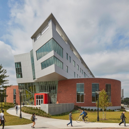 Front angle shot of Richard Weeks Hall of Engineering. 