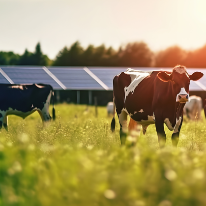 Cows in a field with solar panels