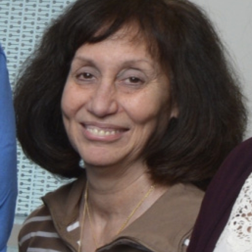 Head shot of woman with brown shoulder length curly hair, wearing a stripped white and brown shirt.
