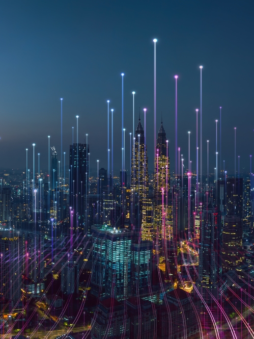 Smart city and abstract dot point connect with gradient line and aesthetic Intricate wave line design , big data connection technology concept .
