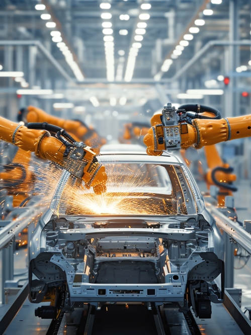 Orange robotic arms assembling a car in a factory.
