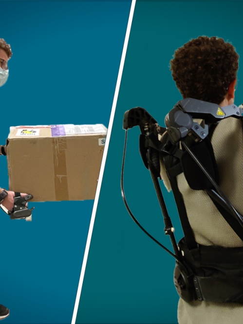 Split-screen showing student wearing robotic device and holding a package