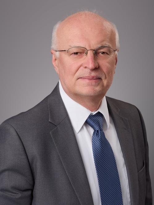 Headshot of male with white hair and eyeglasses wearing a grey suit, white shirt, and blue patterned tie.