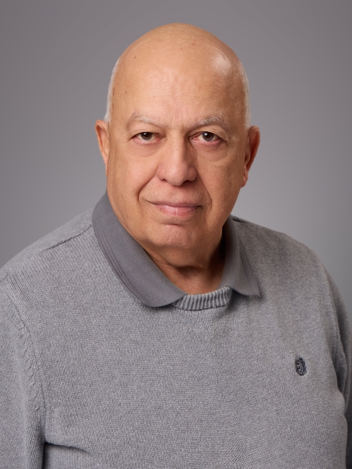 Headshot of bald male wearing a grey pullover sweater.
