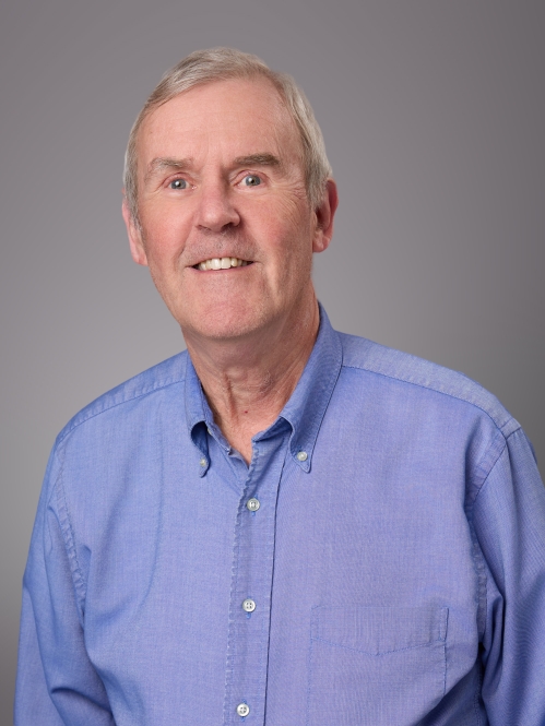 Headshot of male with short grey hair wearing a blue button down shirt.