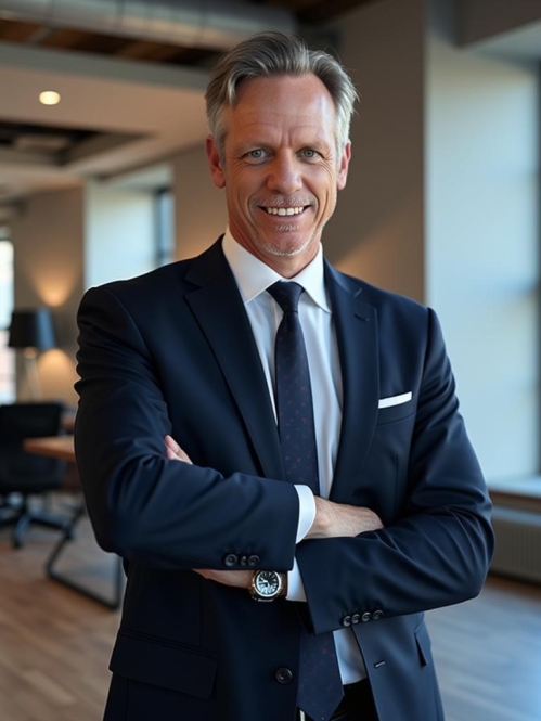 Headshot of male with short hair and arms crossed wearing a dark blue suit and tie with a white button down shirt.