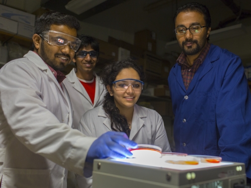 Three graduates students working with professor in lab