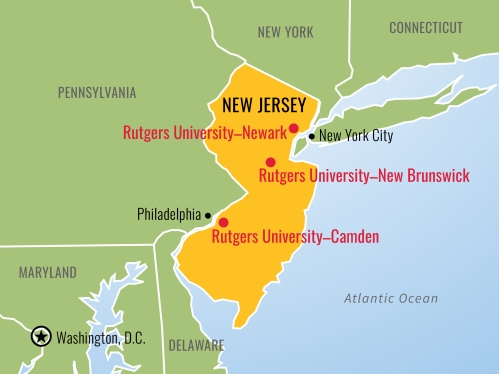Map showing the State of New Jersey with Rutgers campuses indicated.