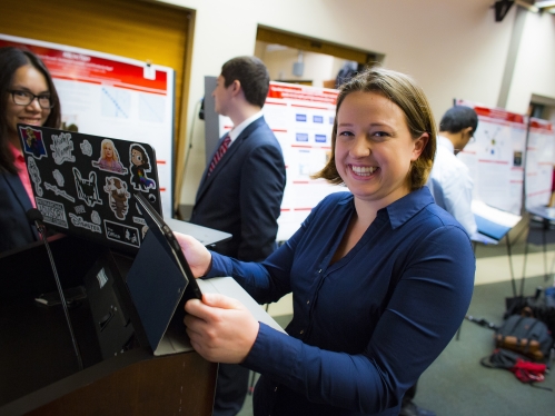 female student presenting senior design project