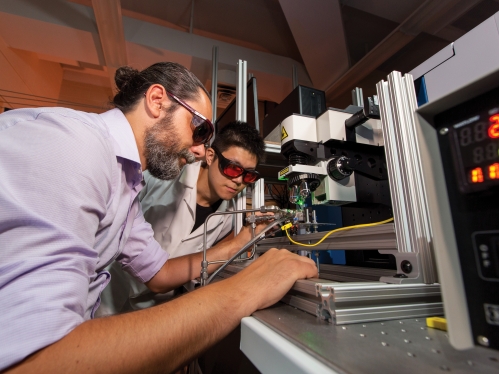 Chemical engineering professor with graduate student working in lab