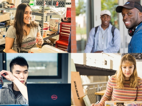 Composite photo of four students: Female Hispanic student working on a small airplane wing; two black male students on bikes; Asian student with invention; white female working on a laptop.