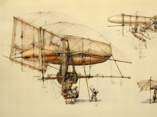 Artwork of an airborne contraption designed by Leonardo da Vinci