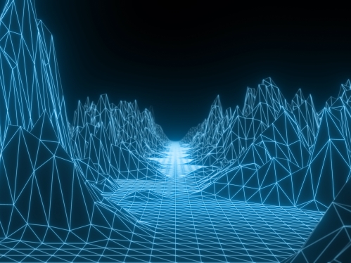 Retro wireframe lowpoly futuristic landscape background in blue and black. Cyperspace_grid