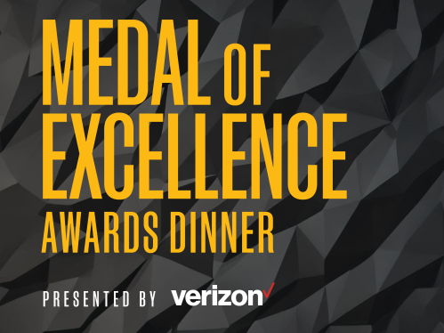 Yellow text on black background that says Medal of Excellence Awards Dinner with the Verizon logol