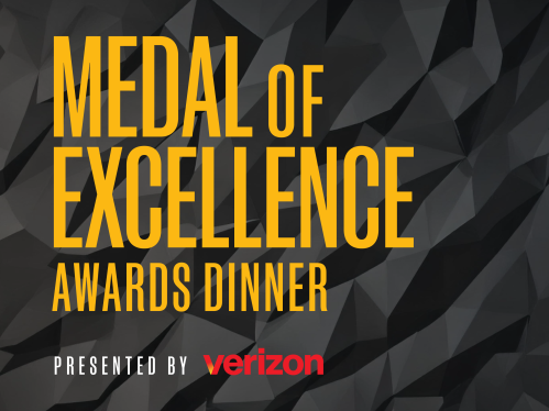 Yellow letters on black abstract background: Medal of Excellence Awards Dinner text with Verizon logo.
