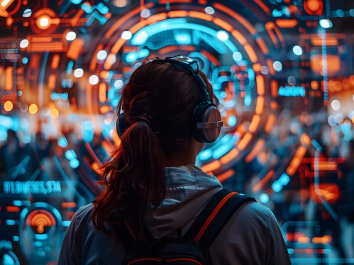 A young person with a backpack observes a high-tech display at a crowded technology conference, highlighting innovation and education