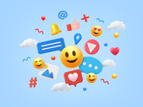 Social media icons and other graphic images including hearts and smiley faces against a light blue background.