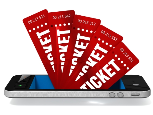 Five red tickets are shown emerging from a phone.