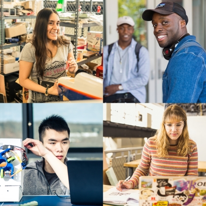 composite photo of four student images: female student in lab working on an airplane wing; two Black male students on bikes; Asian male student working on an machine; female white student wearing a striped sweater looking at her laptop. male