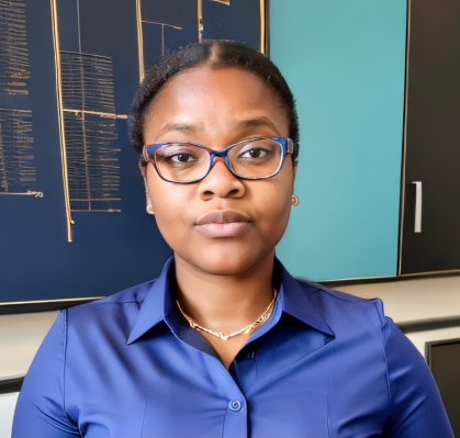 African American woman headshot. She is wearing a blue blouse, her hair is parted in the middle and tied back. She has glasses and brown eyes.