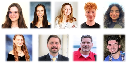 A collective photo that includes headshots of seven students and two faculty advisors associated with a student organization.