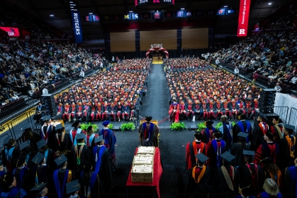 View from above of graduating students seated in Jersey Mike's Arena.