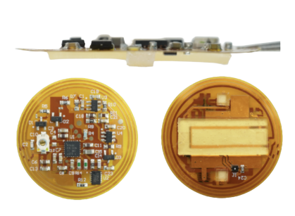 Device shown as two circles indicating the electronics inside a disc along with a horizontal view that shows how slim the device is.