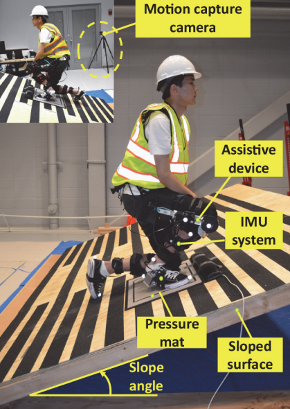 Student wearing a hard hat and a reflective vest is testing an assistive device in a lab.