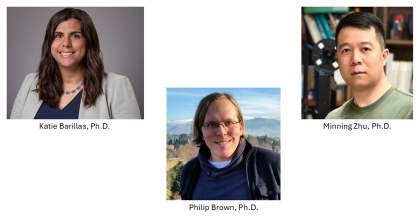 Three separate headshots in one image - woman with long dark hair, man with long blond hair and man with short hair