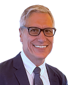 Headshot of male with short grey hair with eyeglasses, wearing a suit and tie..